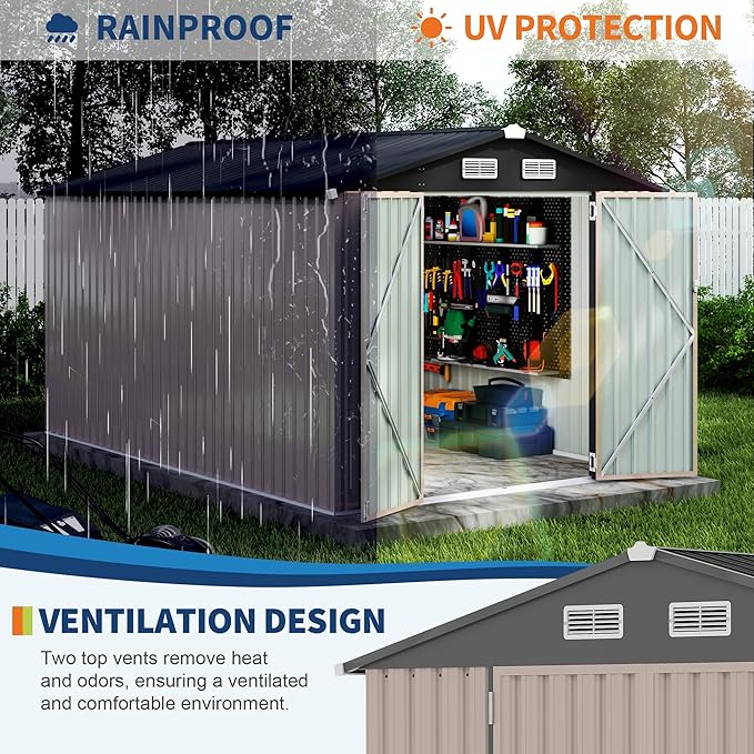 8x12 FT Metal Storage Sheds Outdoor, Metal Yard Sheds Garden Shed Kit, Metals Tool Shed with Lockable Door, Metals UtilityShed Buildings with Air Vent for Backyard Garden Patio Lawn-VerdiqueGarden