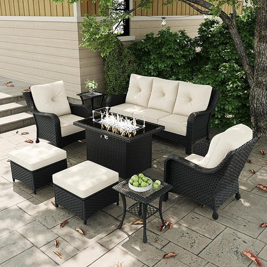 7 Pieces Outdoor Patio Furniture Sets with Single Chairs with 6-inch Thick Cushion and Fire Pit Table for Deck Lawn-VerdiqueGarden