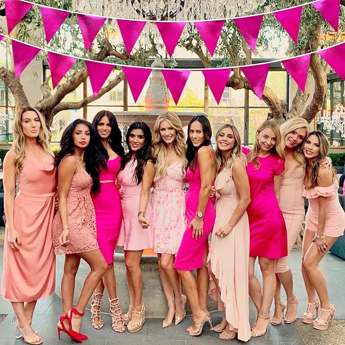 Hot Pink Party Decorations Triangle Pennant Banner Flag Rose Pink Metallic Fabric Bunting Garland for Birthday Bachelorette Wedding Bridal Shower Anniversary Flamingo Theme Party Supplies-VerdiqueGarden
