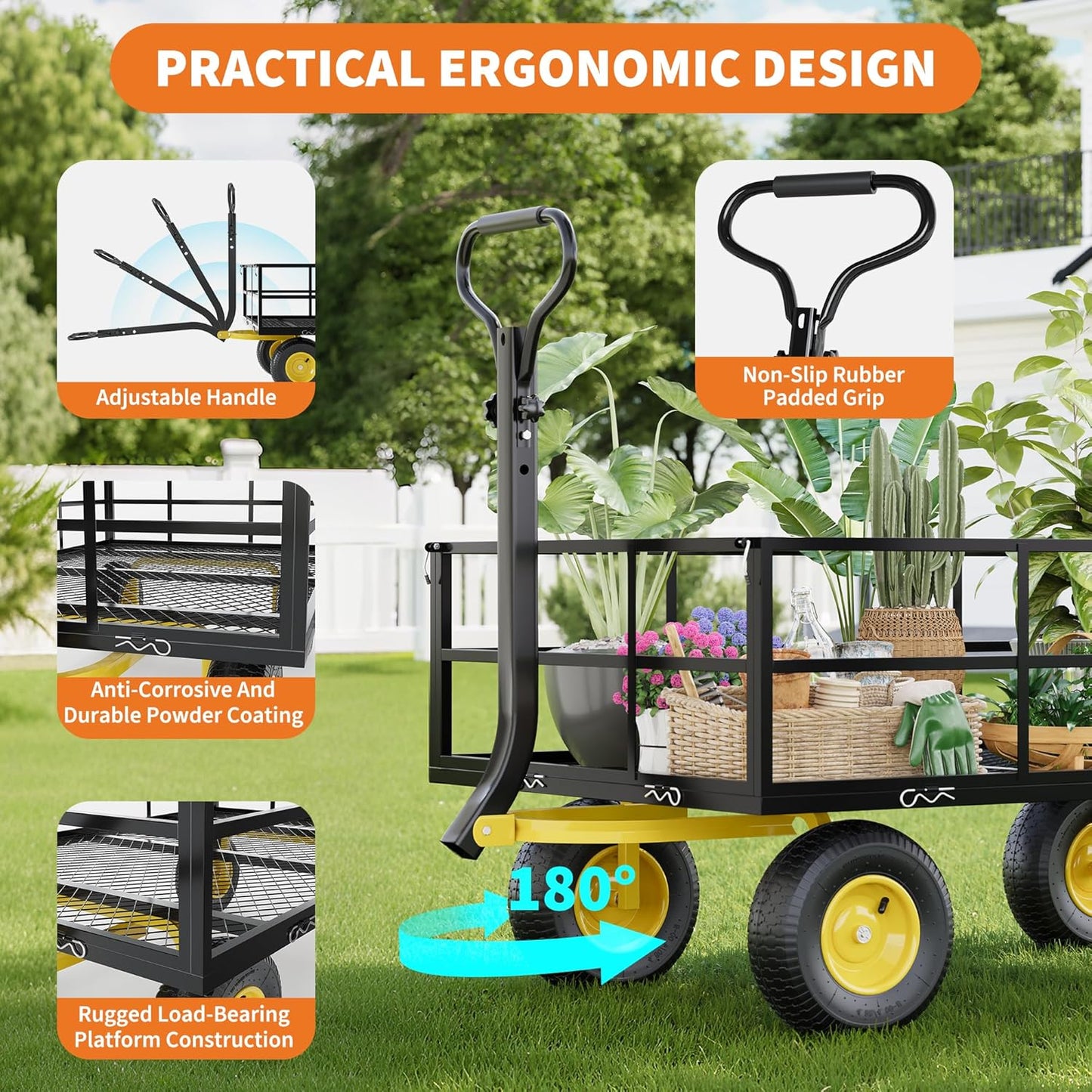 3-in-1 Heavy-Duty Steel Garden Cart, 1200 Lbs Garden Wagon, with 13 Inch All-Terrain Tires and Removable Mesh Side Panels, 180° Rotating Handle, Metal Multi-Function Carts, Outdoor Gardens Wagon Cart-VerdiqueGarden