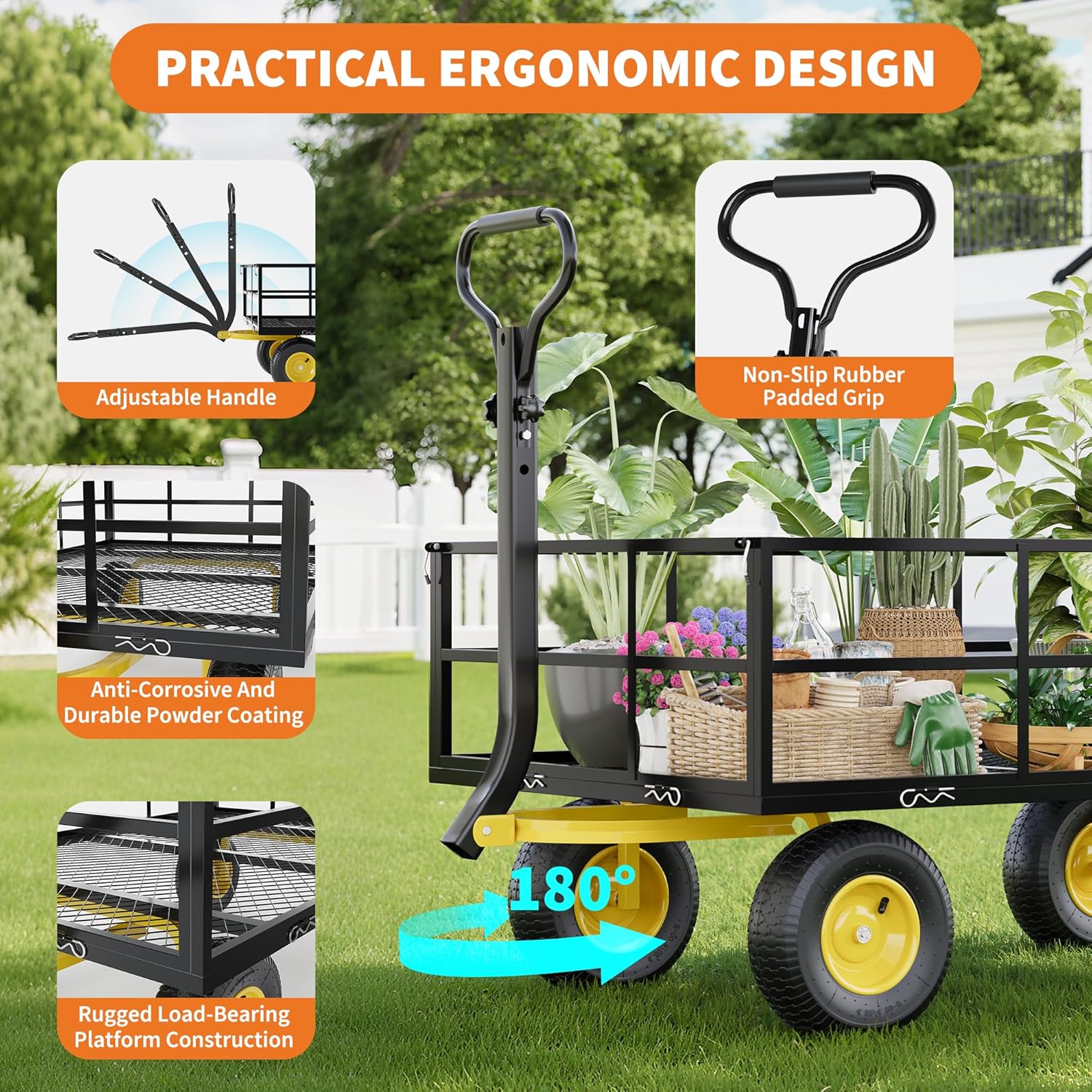 3-in-1 Heavy-Duty Steel Garden Cart, 1200 Lbs Garden Wagon, with 13 Inch All-Terrain Tires and Removable Mesh Side Panels, 180° Rotating Handle, Metal Multi-Function Carts, Outdoor Gardens Wagon Cart-VerdiqueGarden