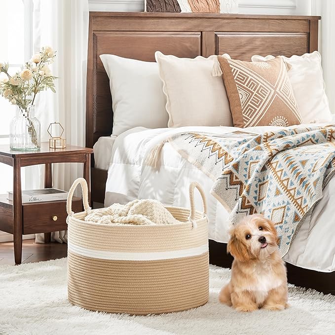 KAKAMAY Large Blanket Basket (20"x13"),Woven Baskets for storage Baby Laundry Hamper, Cotton Rope Blanket Basket for Living Room, Laundry, Nursery, Pillows, Baby Toy chest (White and Brown)-VerdiqueGarden