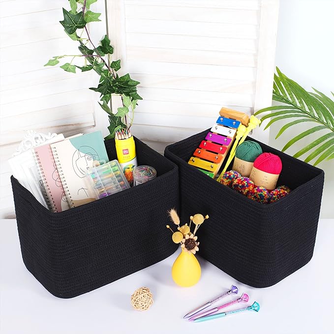 MINTWOOD Design Storage Basket for Shelves, Decorative Baskets for Organizing, Book Basket, Storage Cube Bin Box, Woven Closet Organizer, Pantry Closet and Shoe Basket, Full Black-VerdiqueGarden