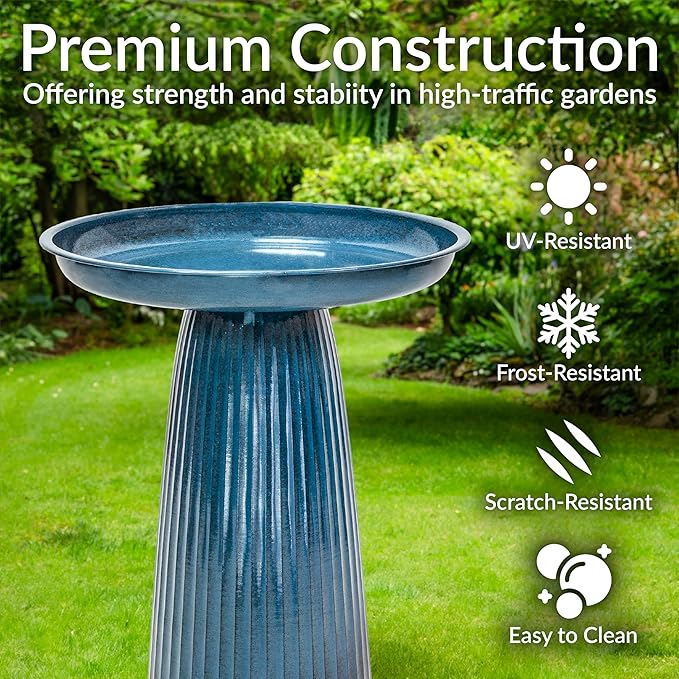 Sunnydaze Gleeful Garden Metal Bird Bath for Outdoors - Large Decorative Iron Birdbath - 23-Inch - Blue Glaze-VerdiqueGarden