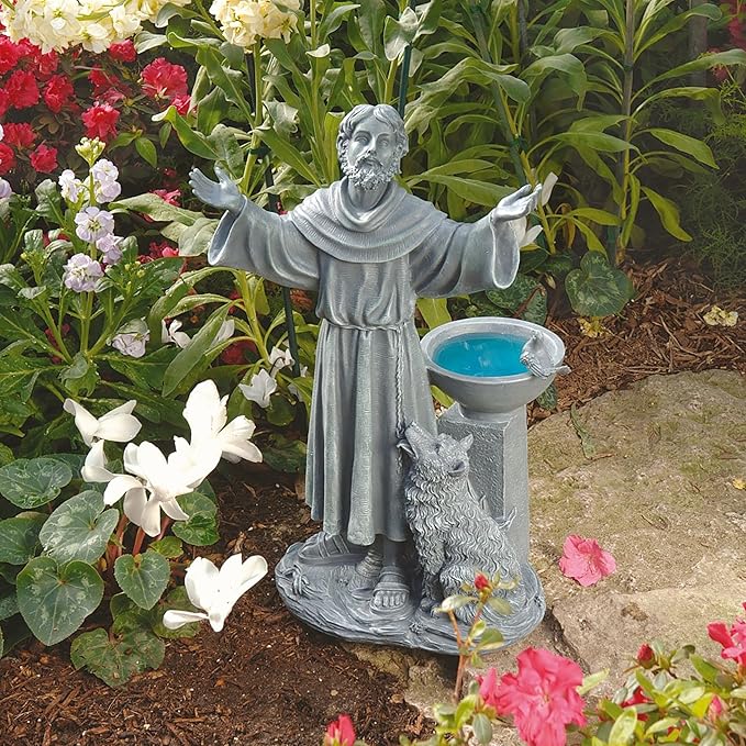Design Toscano Francis of Assisi Blessing Religious Garden Decor Statue with Bird Bath Feeder, 19 inches Tall, Cast Stone Resin, Gray Stone Finish-VerdiqueGarden