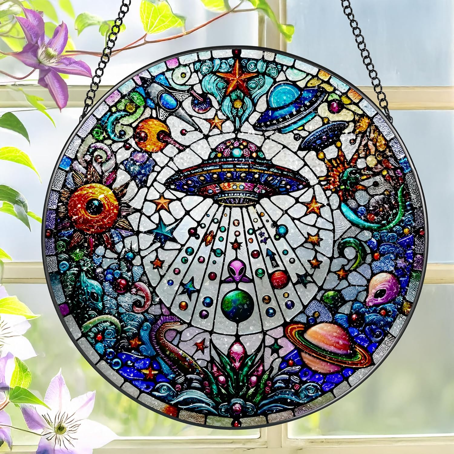 Stained Glass Window Hanging, LAOWEIKI 8'' UFO&Alien Suncatcher, Stained Glass Ornament, Suncatchers for Windows Hanging, Window Decor, Outdoor or Indoor, Gifts for Friends, Art Lover, Astronomer-VerdiqueGarden