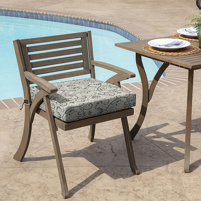 Arden Seat Cushion, 21 x 21, Rain-Proof, Fade Resistant, Cushion for Patio Dining, Adirondack, and Outdoor Chairs Neutral Aurora Damask-VerdiqueGarden