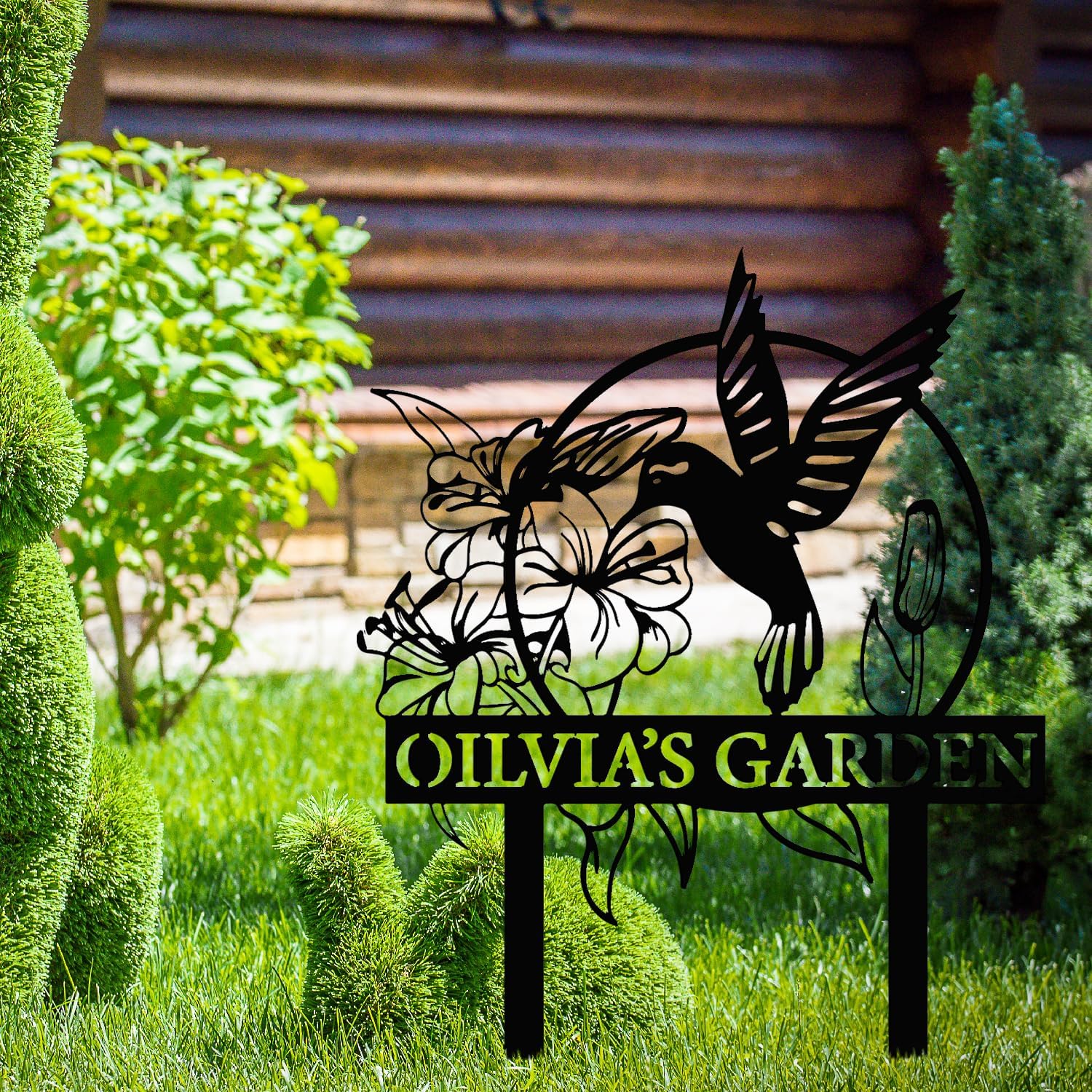 Custom Hummingbird Metal Garden Decor, Personalized Bird with Stakes Garden Sign, Flower Design Personalized Garden Sign, Custom Garden Name Sign, Home Gift, Large Outdoor Decor, Patio Decor-VerdiqueGarden