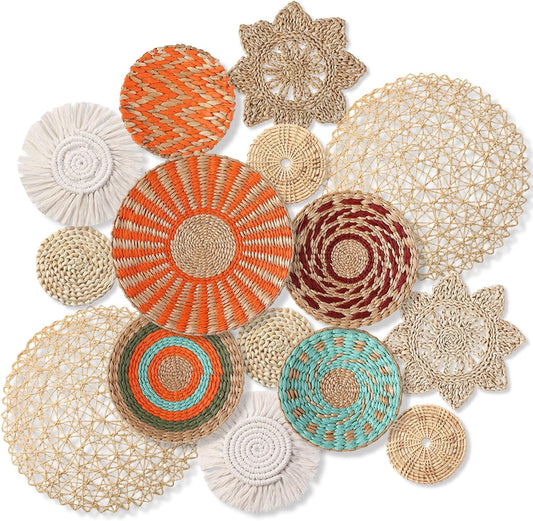 15 Pcs Boho Wall Basket Decor Woven Rattan Seagrass Wall Decor Hanging Rustic Farmhouse Western Art Decoration for Nursery Living Room Bedroom Home Kitchen(Orange Style)-VerdiqueGarden