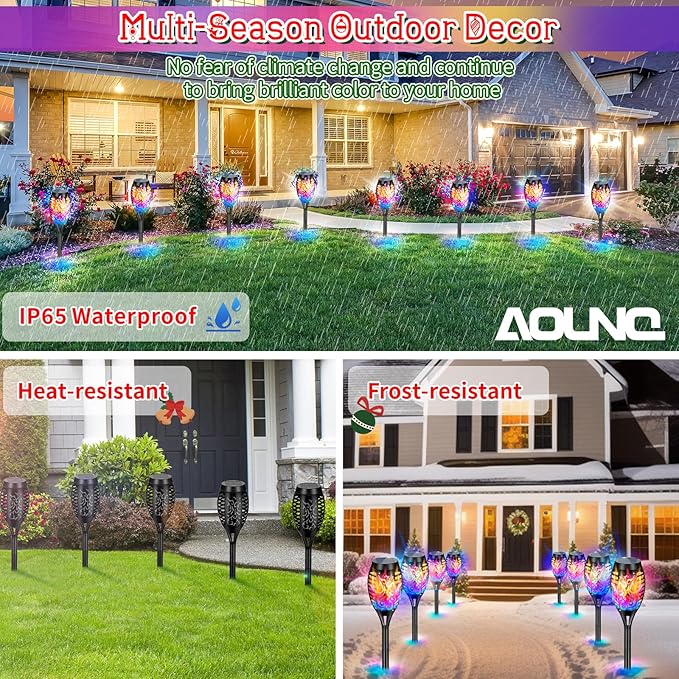 12 Pack Solar Torch Lights Outdoor Waterproof - Multicolor Flickering Flame, Outdoor Solar Garden Lights for Yard, Tiki Torches for Outside Patio Pathway Decorations-VerdiqueGarden