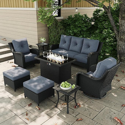 7 Pieces Outdoor Patio Furniture Sets with Rocking Swivel Chairs with 6-inch Thick Cushion and Fire Pit Table for Deck Lawn-VerdiqueGarden