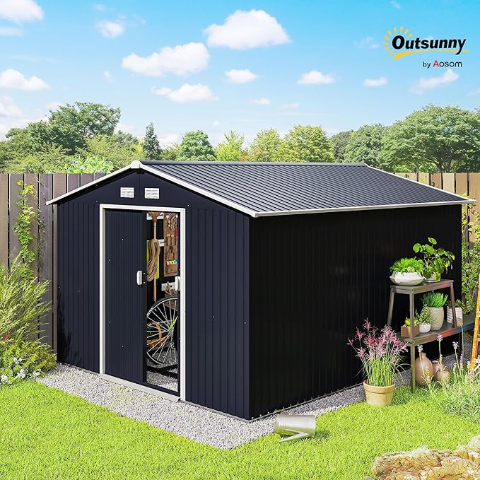 Outsunny 11' x 9' Outdoor Storage Shed, Garden Tool Metal Shed with Foundation Kit, Double Lockable Door, Air Vents and Sloping Roof, for Backyard, Patio, Lawn, Dark Gray-VerdiqueGarden