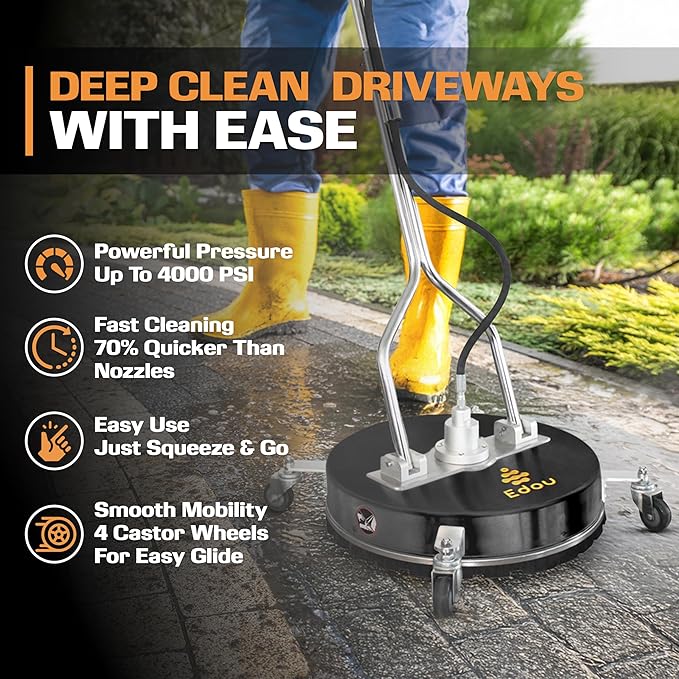 EDOU 20-Inch Dual Handle Pressure Washer Surface Cleaner, Wheels - Heavy Duty Composite Surface Pressure Washer - 4000 PSI Max - Includes 3/8-Inch Quick Connector Kit, Teflon Tape, Adapter Set-VerdiqueGarden