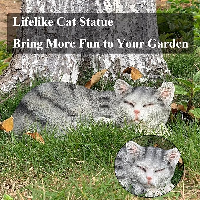 Cat Figurines Outdoor Statue Garden Decor, Cat Statue Garden Statues Outdoor Clearance for Patio, Lawn Decoration, 11.5" Larger Grey Sleeping Cat Statue for Indoor Table Accessory, Cat Gift for Mom-VerdiqueGarden