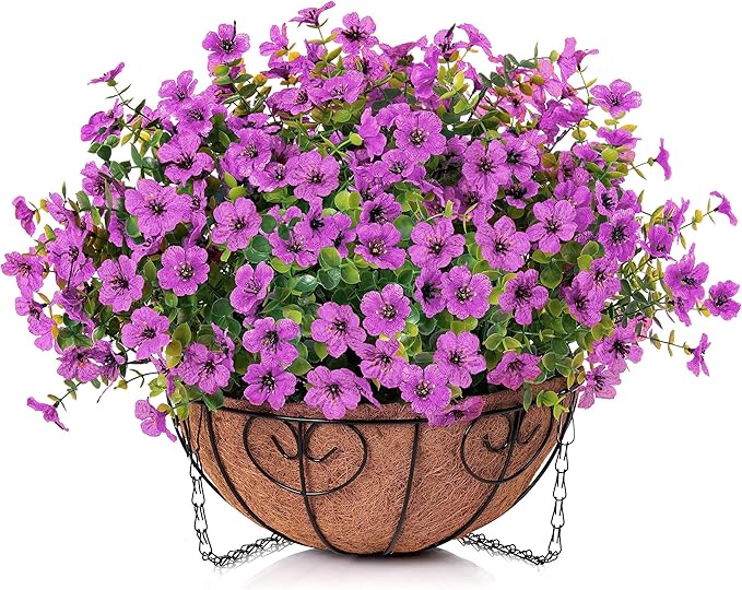 Artificial Fake Hanging Plants Flowers Basket for Outdoor Outside Porch Spring Decoration, Faux Silk Purple Daisy Realistic UV Resistant in Planter for Home Patio Balcony Garden Yard-VerdiqueGarden