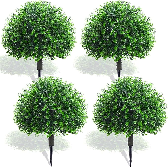 Yunlly 4 Pcs 18 Inch Artificial Boxwood Ball Topiary Tree Fake Outdoor Plants Bush, UV Resistance Faux Shrubs with Spike Realistic Greenery Potted for Indoor Garden Yard Porch Patio Decor (Green)-VerdiqueGarden