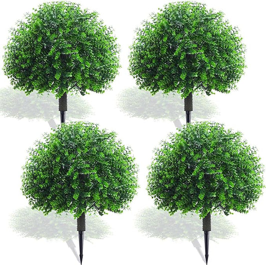 Yunlly 4 Pcs 18 Inch Artificial Boxwood Ball Topiary Tree Fake Outdoor Plants Bush, UV Resistance Faux Shrubs with Spike Realistic Greenery Potted for Indoor Garden Yard Porch Patio Decor (Green)-VerdiqueGarden