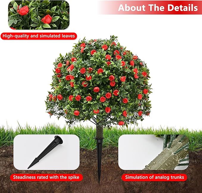 28" Artificial Boxwood Topiary Tree with Rose, Set of 2 Artificial Shrub Bushes with Ground Spike, Fake Evergreen Tree for Porch, Artificial Plants for Outdoor Planters Indoor UV Resistant-VerdiqueGarden