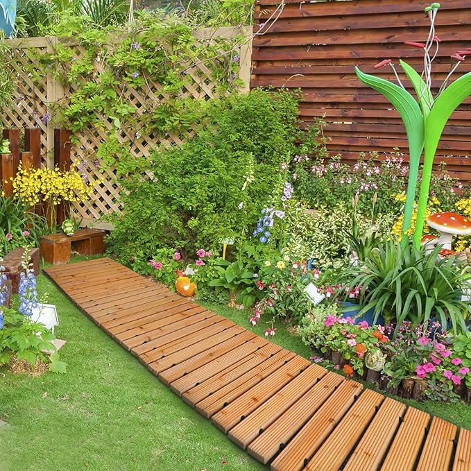 RELIANCER 12' Wooden Garden Pathway,Outdoor Roll Out Cedar Straight Walkway,Patio Path Decorative Garden Boardwalk Walkways,Weather-Resistant Roll Up Beach Wood Road Floor,Wedding Party Pathways-VerdiqueGarden