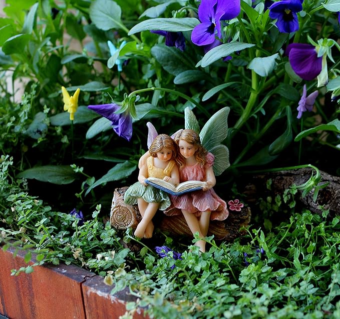 Fairies for Fairy Garden, Fairy Garden Accessories for a Garden - Garden Fairies for a Miniature Fairy Garden - Cute Fairy Garden Fairies, Sitting Sister Fairies-VerdiqueGarden