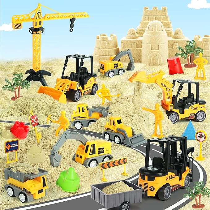 Sand Construction Site Kit - 37 Pcs Play Sand Art Kit with 8 Construction Trucks, Folding Sandbox, 2.2 lbs Magic Sand, Crane, Worker, Road Signs, Molds, Shovel - Ideal Toys for Boys Girls Age 3+-VerdiqueGarden
