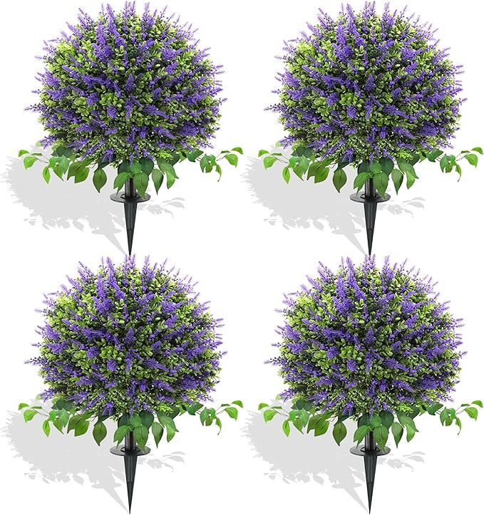 28" Artificial Boxwood Topiary Ball with Lavender, UV Resistant Topiary Tree Faux Boxwood Ball Shaped Porch Bushes with Ground Spike Artificial Bushes for Outdoors Front Door Decor Home Garden-VerdiqueGarden