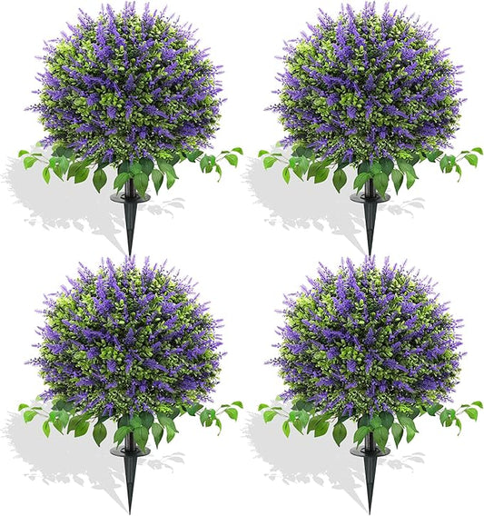28" Artificial Boxwood Topiary Ball with Lavender, UV Resistant Topiary Tree Faux Boxwood Ball Shaped Porch Bushes with Ground Spike Artificial Bushes for Outdoors Front Door Decor Home Garden-VerdiqueGarden