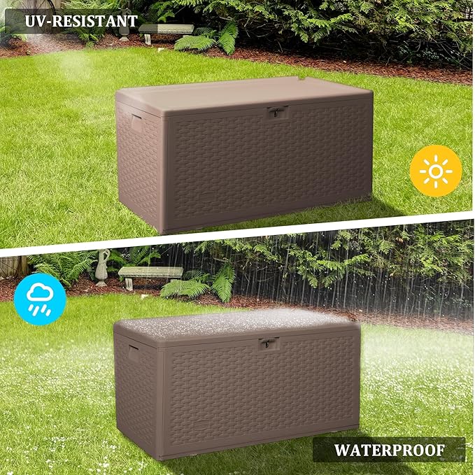 73 Gallon Outdoor Storage Box - Waterproof Resin Deck Box for Patio, Pool & Garden, Lockable Outdoor Cushion Storage & Delivery Boxes for Outside, UV-Resistant, Rich Brown-VerdiqueGarden