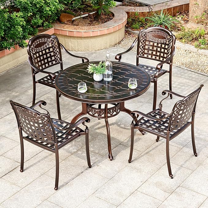 Outdoor Dining Chair Cast Aluminum Patio Chairs Set of 2 All-Weather Patio Dining Chair with Adjustable Feet for Backyard Garden (Square Lattice Chair)-VerdiqueGarden