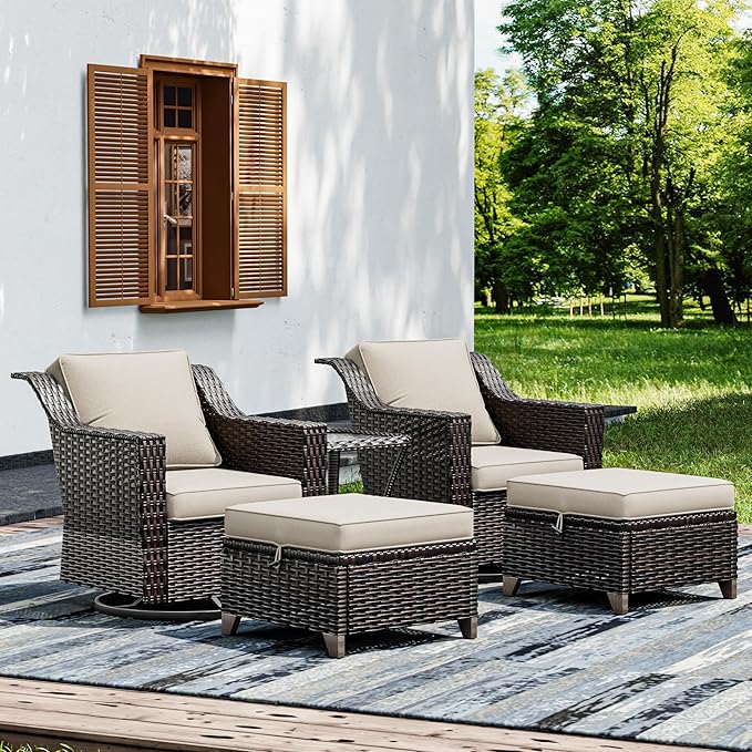 Joyside Wicker Patio Furniture Sets, 5 Pieces Upgraded Large Size Outdoor Furniture with Swivel Rocking Patio Chairs, Outdoor Ottoman and Side Table, Thick Cushions, Wide Armrest-VerdiqueGarden