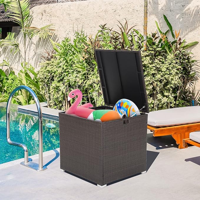 RELAX4LIFE Outdoor Storage Box 72-Gallon - Outside Wicker Storage Bin with Waterproof Zippered Liner, Gas Strut, Package Delivery Boxes for Outside, Accessories, Garden Tools Storage Deck Box-VerdiqueGarden