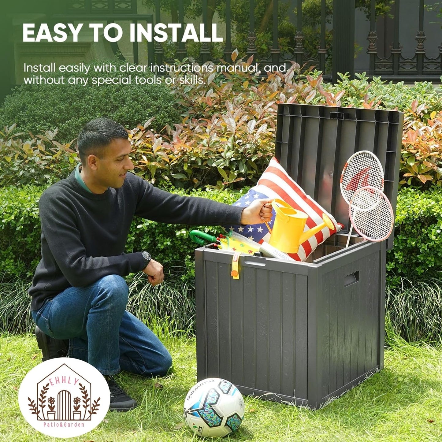 Deck Box, 51 Gallon Package Bin Delivery Box for Outside Front Porch, Small Patio Outdoor Storage Boxes Waterproof, UV Resistant Plastic Resin Pool Storage Bins with lids, Grey-VerdiqueGarden