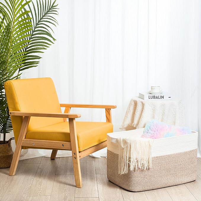 MINTWOOD Design 22in Extra Large Blanket Basket Holder Living Room, Rectangle Rope Woven Storage Basket with Handles for Laundry, Pool Towels, and Shoes, Dog Toy Organizer Bin Box, Light Brown-VerdiqueGarden