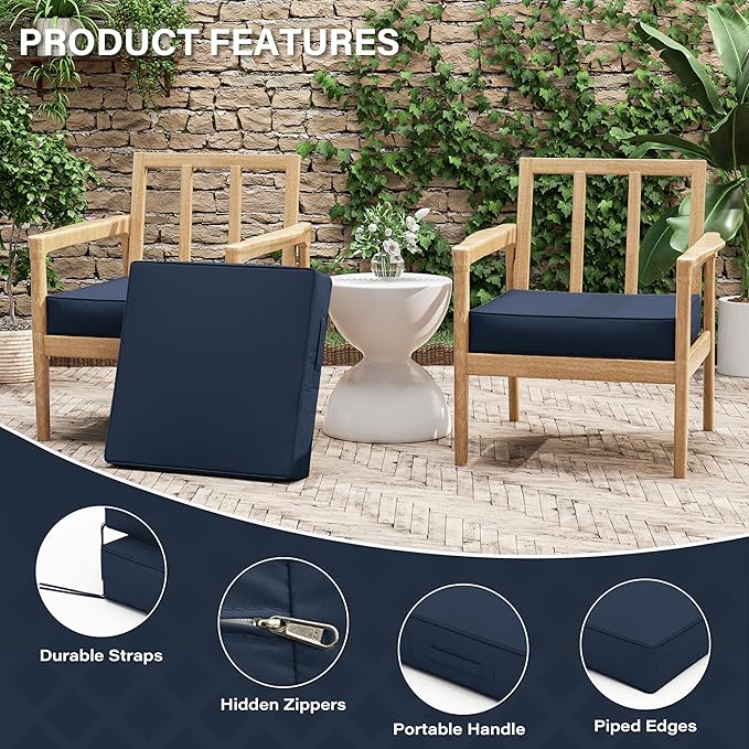 Patio Chair Cushions 22 X 22 X 4 Inch Waterproof Outdoor Seat Cushions for Patio Furniture, Outdoor Sofa Couch Pads with Ties & Handle, Set of 2, Navy Blue-VerdiqueGarden