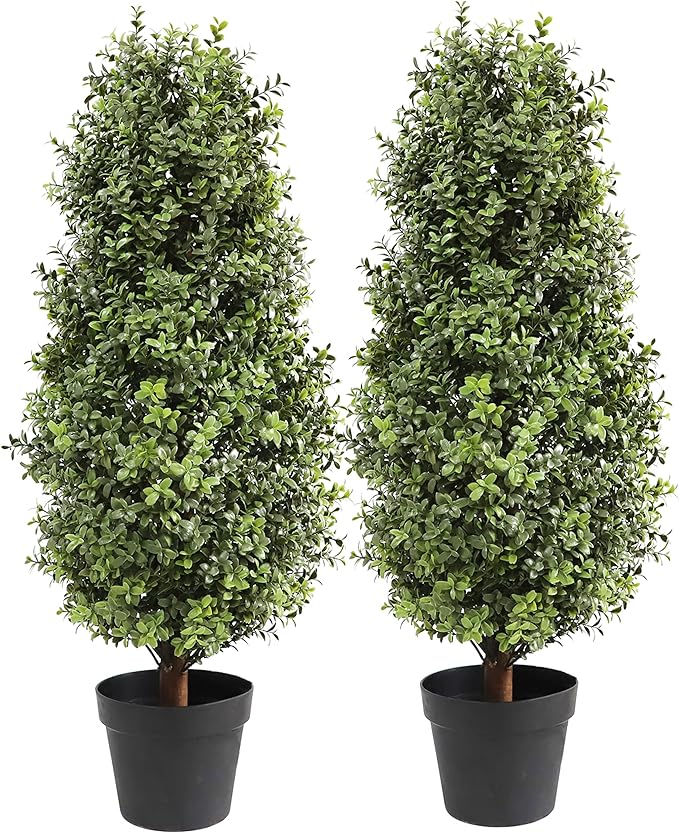 35inch Artificial Topiary Boxwood Tree, Faux Plants Outdoor 2 Packs Fake Bushes Faux Shrub, Artificial Topiary for Outdoors for Home Decor Indoor Front Porch-VerdiqueGarden
