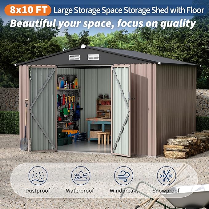 8x10 FT Metal Storage Sheds Outdoor with Floor, Metal Yard Sheds Garden Shed Kit, MetalTool Shed with Lockable Door, Metals UtilitySheds Buildings with Air Vent for Backyard Garden Patio Lawn-VerdiqueGarden