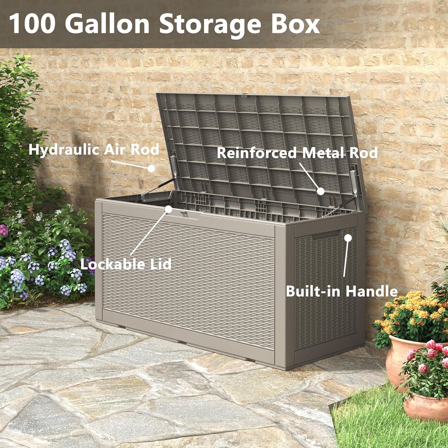 100 Gallon Deck Box Lockable Resin Outdoor Storage Box waterproof Outdoor Container for Patio Furniture Cushions, Pillow-VerdiqueGarden
