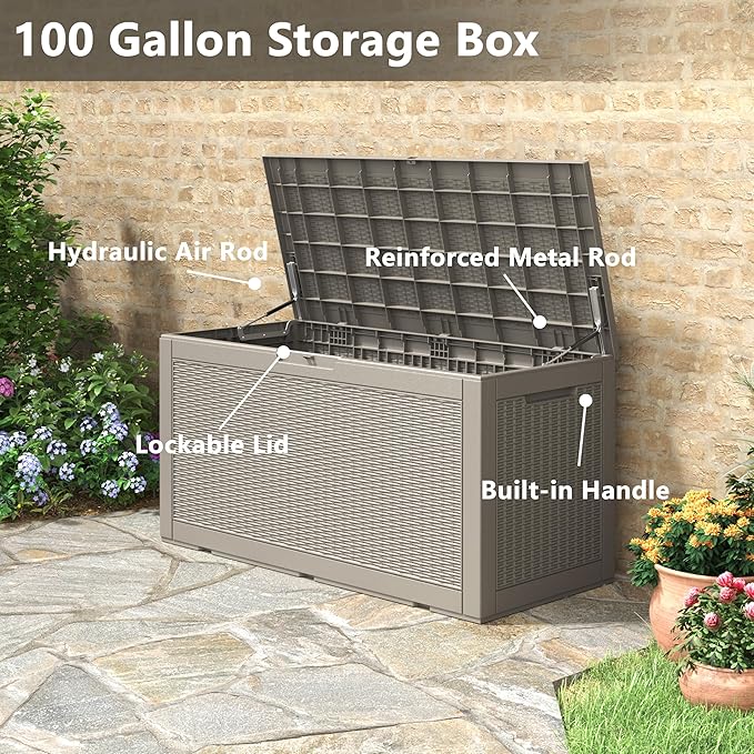 NUNU LAB 102 Gallon Large Waterproof Resin Deck Box, Lockable Outdoor Storage Box with Gas Lift, Patio Cushions, Garden Tools, Pool Supplies, Indoor Outdoor Storage Container, Grey-VerdiqueGarden