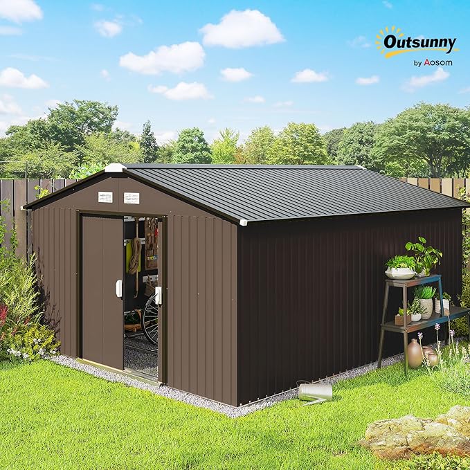 Outsunny 11' x 13' Outdoor Storage Shed, Garden Tool Metal Shed with Foundation Kit, Double Lockable Door, Air Vents and Sloping Roof, for Backyard, Patio, Lawn, Brown-VerdiqueGarden