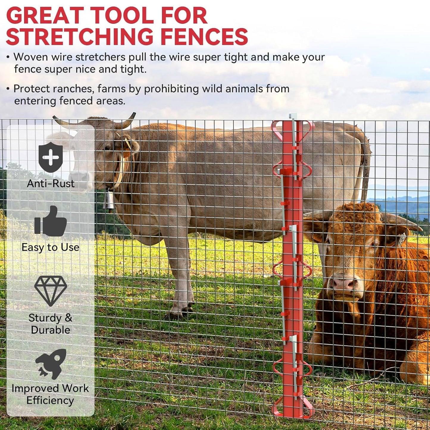 4ft Woven Wire Fence Stretcher Bar with 5 Wedges Heavy Duty Wire Stretcher Fence Tool for Farms, Ranches, Garden Barriers, Yard (Red)-VerdiqueGarden