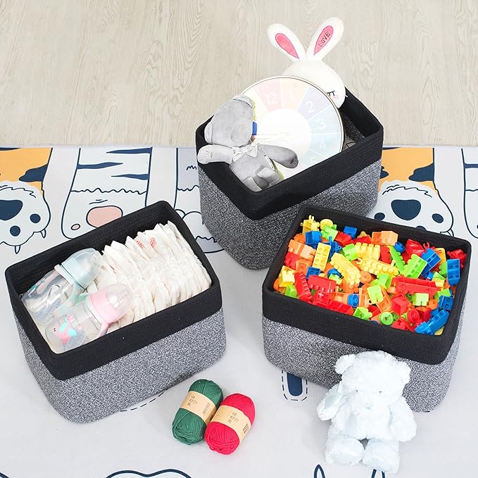 MINTWOOD Design Storage Basket for Shelves, Decorative Baskets for Organizing, Book Basket, Storage Cube Bin Box, Woven Closet Organizer, Pantry Closet and Shoe Basket, Black Grey Mix-VerdiqueGarden