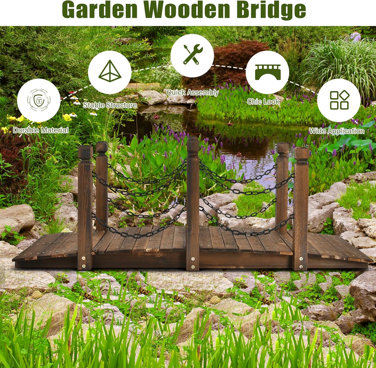 Giantex 5 FT Wooden Garden Bridge, Stained Wood Arc Footbridge with Chain Railings for Backyard Creek Farm, Decorative Pond Bridge, Easy to Assemble, 400 lbs Capacity (Brown)-VerdiqueGarden
