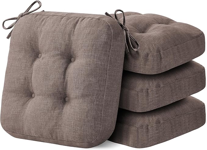 Chair Cushions for Dining Chairs, Dining Chair Cushions, Tufted Indoor Chair Pads with Ties & Non Slip Backing, Seat Cushions for Kitchen Chairs 16.5” x 16.5” x 3.5”, Set of 4, Light Brown-VerdiqueGarden