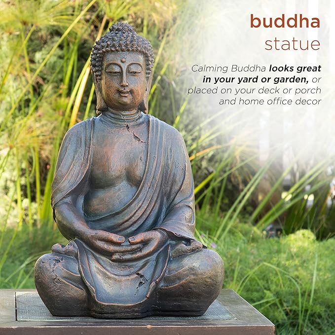 Alpine Corporation 15" Tall Indoor/Outdoor Meditating Buddha Statuary Décor-VerdiqueGarden