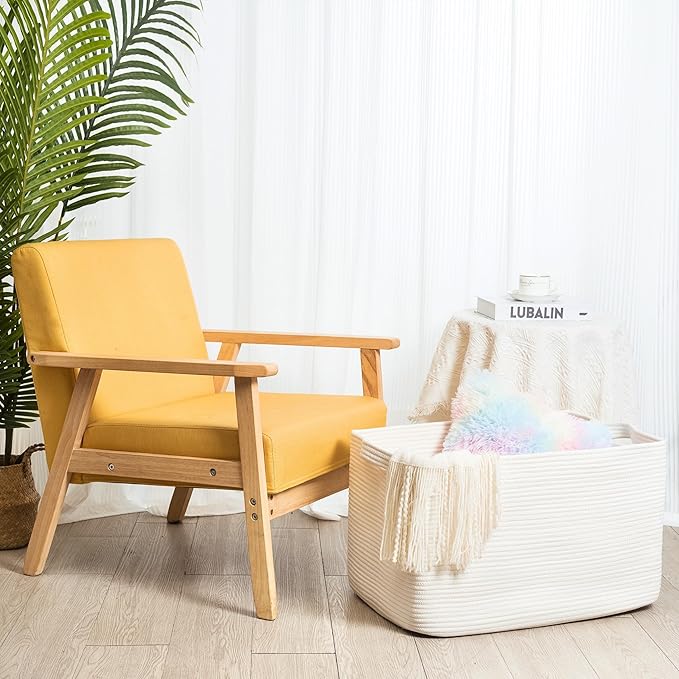 MINTWOOD Design 22in Extra Large Blanket Basket Holder Living Room, Rectangle Rope Woven Storage Basket with Handles for Laundry, Pool Towels, and Shoes, Dog Toy Organizer Bin Box, Creamy White-VerdiqueGarden