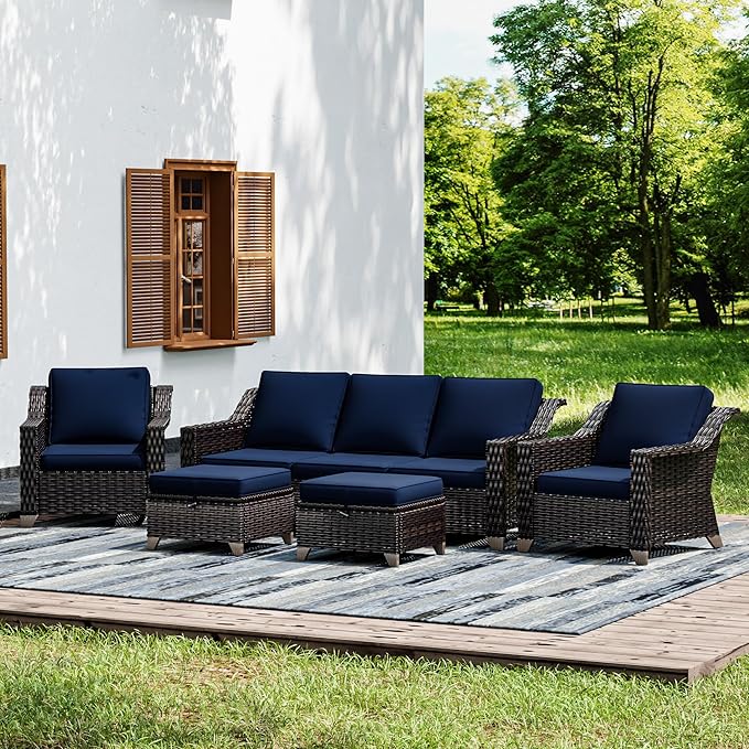 Joyside Wicker Patio Furniture Sets, 5 Pieces Upgraded Large Size Outdoor Furniture with Patio Dining Chairs, 3-Seat Sofa and Outdoor Ottoman, Thick Cushions, Wide Armrest-VerdiqueGarden
