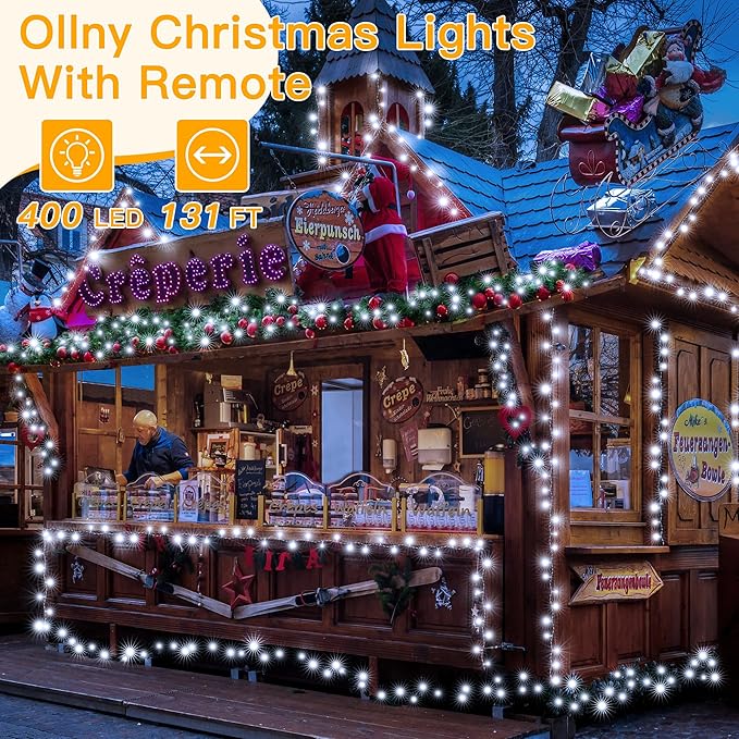 Ollny Christmas Lights Outdoor 400LED 131FT, Cool White Fairy Lights with Remote 3 Timer, Plug in 8 Modes String Lights for Bedroom Indoor Outside House Party Xmas Decorations-VerdiqueGarden