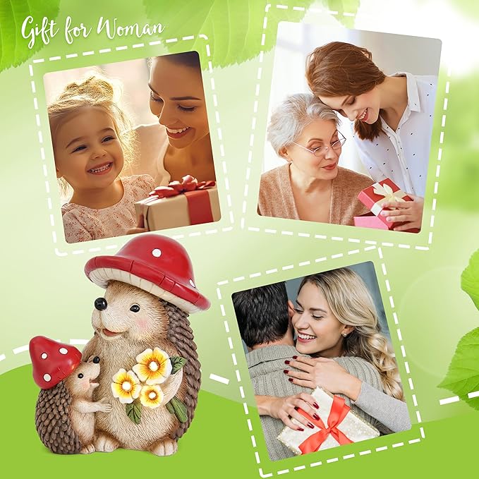 Solar Hedgehog Garden Statue Lights for Outdoor Decor, Resin Hedge hog Figurine Lighting Decorations, Patio Yard Lawn Ornaments Birthday Gifts for Women Mom Grandma-VerdiqueGarden