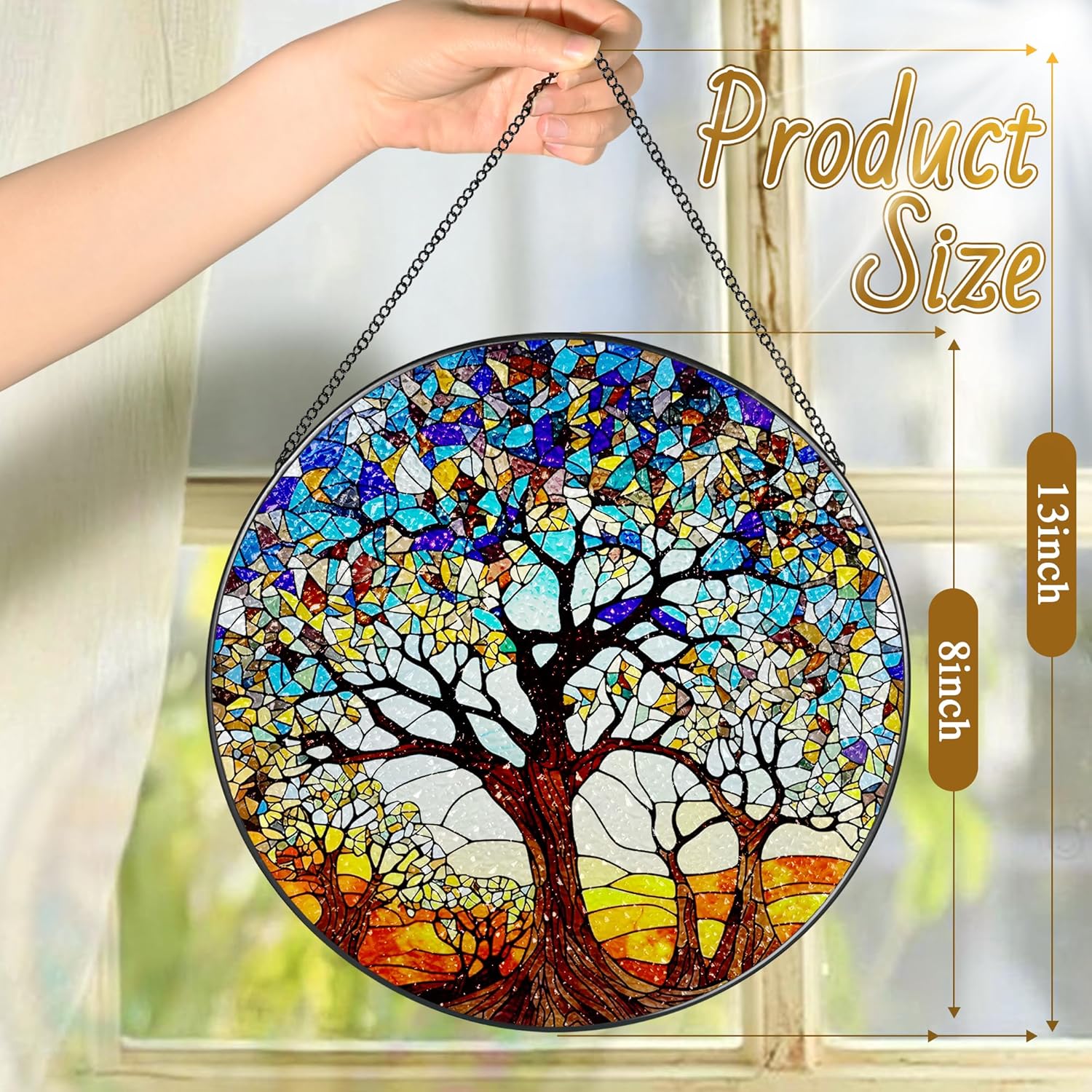Stained Glass Window Hanging, LAOWEIKI 8'' Tree of Life Suncatcher, Stained Glass Ornament, Suncatchers for Windows Hanging, Window Decor, Outdoor or Indoor, Gifts for Women, Lovers, Couple, Friends-VerdiqueGarden