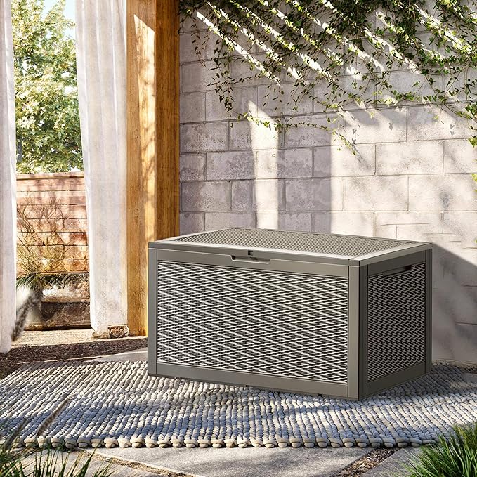 100 Gallon Resin Deck Box, Waterproof Outdoor Storage Bin for Patio Furniture, Pool Accessories, and Garden Tools, Lockable & UV-Resistant, Grey-VerdiqueGarden